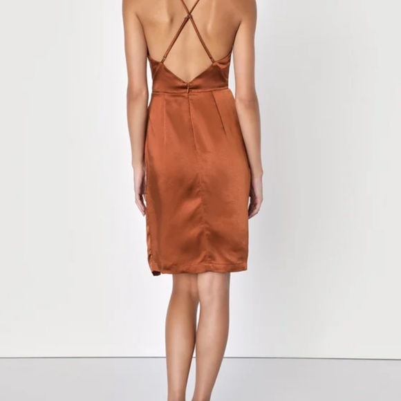 Lulus Hot Night Out Bronze Satin Surplice Faux-wrap Dress Brown - Size XS - Picture 3 of 5